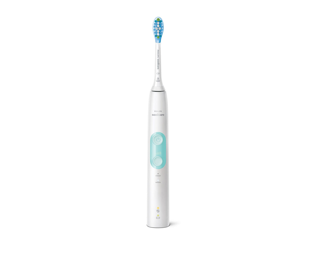 Philips Sonicare ProtectiveClean 4700 electric toothbrush in white and mint, with brush head and sleek design.
