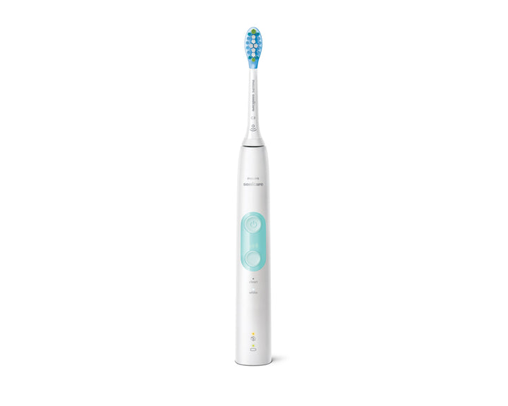 Philips Sonicare ProtectiveClean 4700 electric toothbrush in white and mint, with brush head and sleek design.