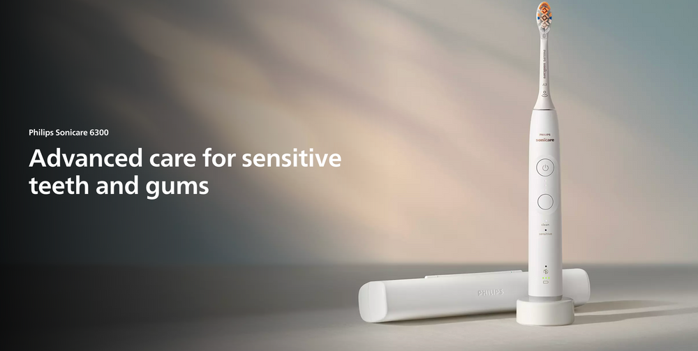 Phillips Sonicare Electric 6300 toothbrush with sleek design and replaceable brush head, ideal for thorough oral cleaning.